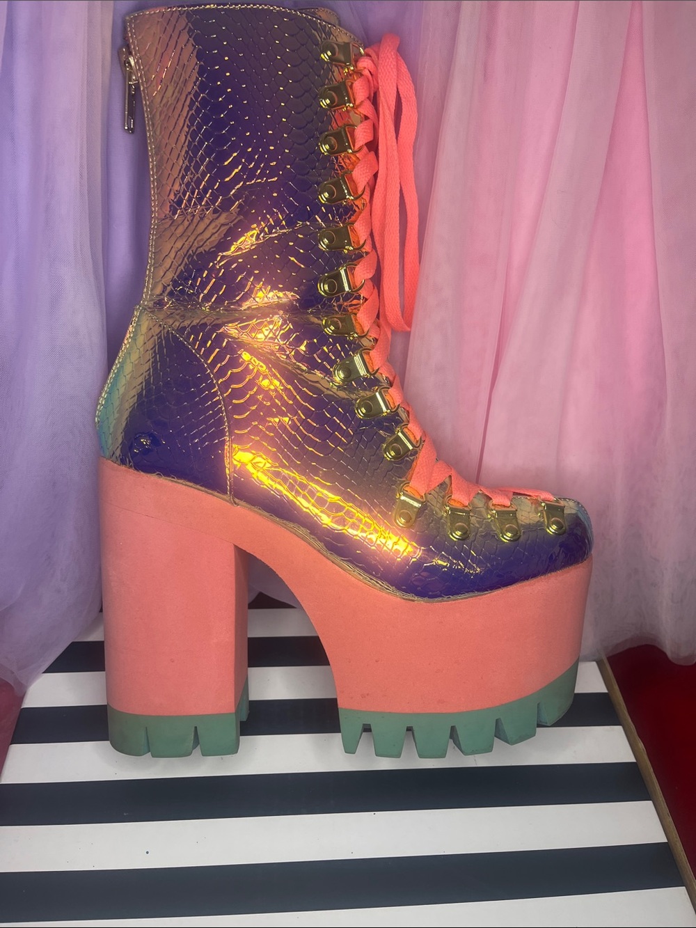 Iridescent Purple Platform Lace-Up Boots with Coral Laces - Picture 8 of 12